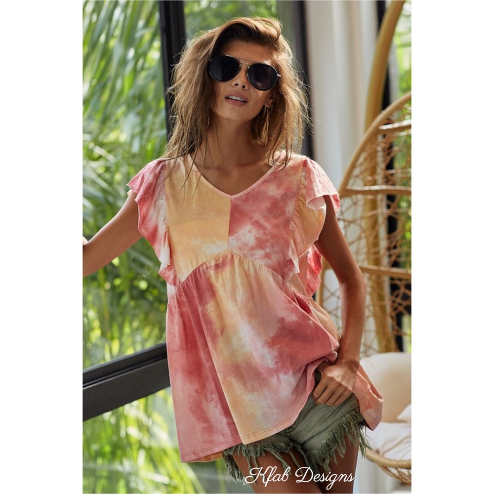 ❤️LAST 1 V Neck Ruffle Tie Dye Cotton Babydoll Top - Picture 9 of 12